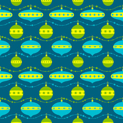 Christmas background. Seamless pattern with garland and decoration balls. Vector illustration