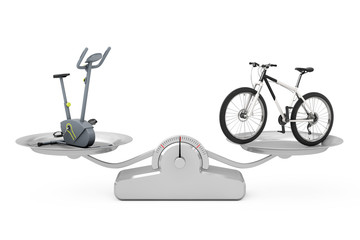 Stationary Exercise Bike Gym Machine and Black and White Mountain Bike on a Simple Weighting Scale. 3d Rendering