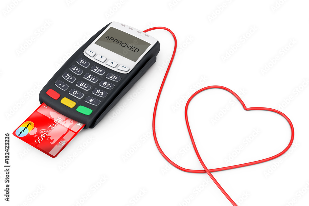 Aufkleber Credit Card Payment Terminal Wires in the Form of Heart. 3d Rendering