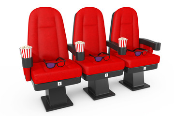 Fototapeta premium Red Cinema Movie Comfortable Chairs with Popcorn and 3d Glasses. 3d Rendering