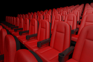 Fototapeta premium Rows of Red Cinema Movie Theater Comfortable Chairs. 3d Rendering