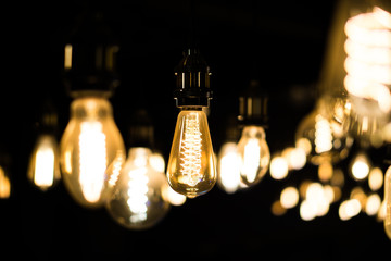Vintage Light Bulbs Hanging in the Night Time, Dark Background