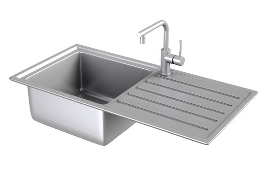 Modern Metalic Kitchen Sink with  Stainless Steel Water Tap, Faucet. 3d Rendering
