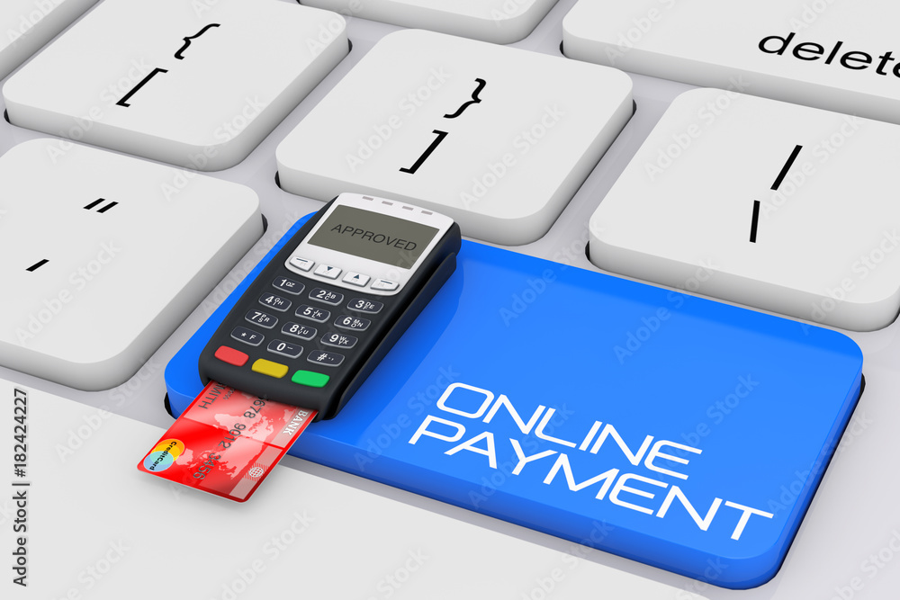 Aufkleber Credit Card Payment Terminal over Computer Keyboard with Online Payment Sign. 3d Rendering