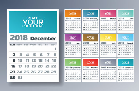 Vector Calendar 2018 Template Illustration with Place for Photo on White Background. Week Starts on Sunday. Set of 12 Months.