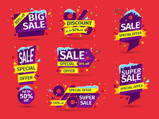 Naklejka premium Christmas and New Year's sale. Set of blue colored stickers and banners. Sale tags with snow caps and icicles. Advertising element. Discount and promotion banners. Vector illustration.