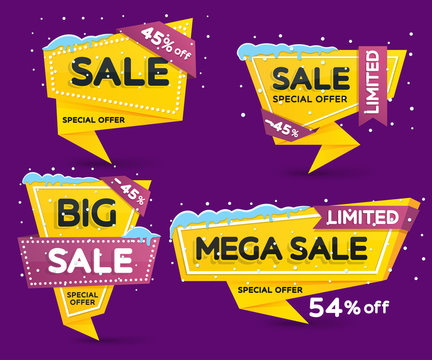 Christmas and New Year's sale. Discount and promotion banners. Set of yellow colored stickers and banners. Sale tags with snow caps and icicles. Advertising element. Vector illustration.
