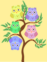 Bright cute cartoon owls sit on the flowering branches of fantastic trees