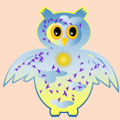 Owl-day. Owl painted in the colors of the day sky with clouds, sun, birds