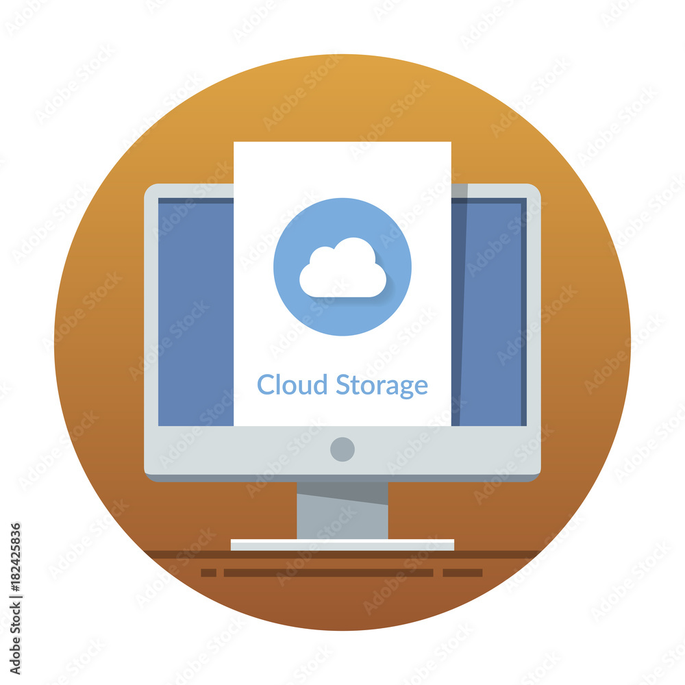 Poster cloud storage icon on the monitor screen. flat vector illustration for mobile application or web sit