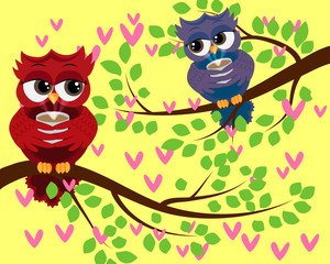 Bright cute cartoon owls sit on the flowering branches of fantastic trees