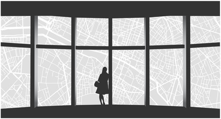 Stylized illustration of lonely woman looking at cityscape from highrise window