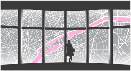 Stylized illustration of lonely woman looking at cityscape from highrise window