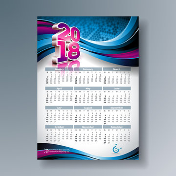 Vector Calendar 2018 Template Illustration with 3d Number on Shiny Blue Background. Week Starts on Sunday.