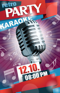 Retro karaoke party vector poster template