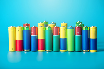 Closeup of a pile of color used alkaline AA batteries. Concept recycling of harmful substances for...