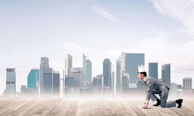 King businessman in elegant suit running and modern cityscape at
