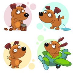 The second part of the collection of icons with dogs for design. The dog at the coffee grinder grinds coffee beans, the dog pisses, the dog waves with his paw and greets, the dog flies on the plane.