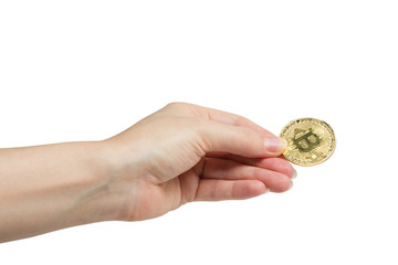 Cryptocurrency golden bitcoin coin. Isolated on white. Hand holding symbol of crypto currency - electronic virtual money for web banking and international network payment. Selective focus