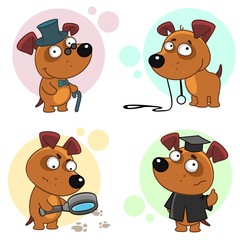 Seventh part of a collection of icons with dogs for design. A dog in a hat and with a cane, a dog with a leash that wants to walk, a dog detective with a magnifying glass and a dog student.