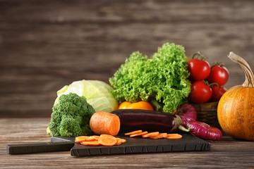 Delicious ripe vegetables on table
