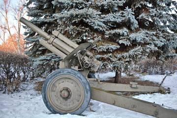 old historic antitank gun of the second world war in a pine forest on snow at winter