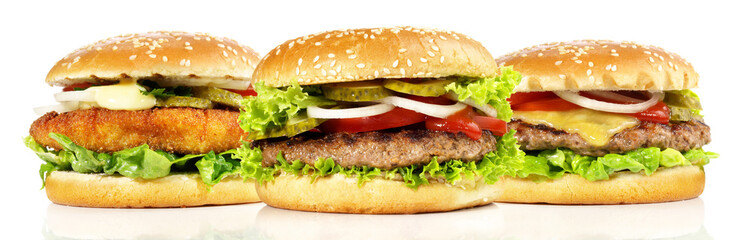 Hamburger, Cheeseburger, Fishburger - Panorama Freigestellt - obrazy, fototapety, plakaty