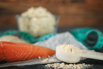 High protein food and powder on table