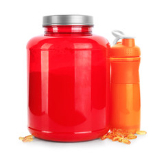 Bottle of protein shake and jar with powder on white background