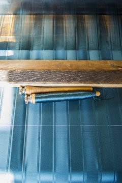 Weaving loom, production of damask, province of Genua, Italian Riviera, Liguria, Italy