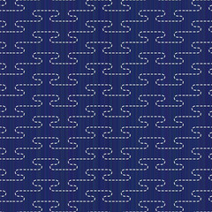 Sashiko motif. Classic japanese quilling. Stylised mist ornament. Abstract seamless pattern. Indigo color. Needlework texture. For background, decoration or printing on fabric.