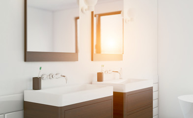 Modern bathroom with large window. 3D rendering. Sunset