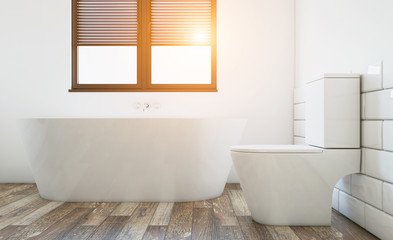 Fototapeta na wymiar Modern bathroom with large window. 3D rendering. Sunset