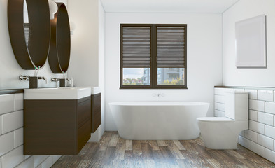 Modern bathroom with large window. 3D rendering. Empty picture