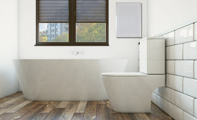Modern bathroom with large window. 3D rendering. Empty picture