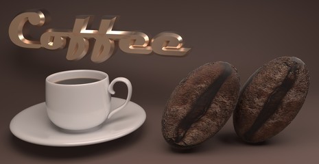 3D render of two grains and a cup of coffee on a brown background
