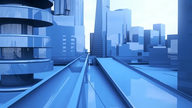 Abstract animation of a camera moving among urban blue city buildings