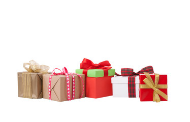 Obraz premium Gift boxes on white background front view. Wedding invitation, greeting card for Mother's Day. Beautiful birthday invitation. Selective focus.