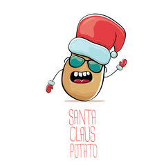 vector funky comic cartoon cute brown smiling santa claus potato with red santa hat isolated on white background. vegetable funky christmas character