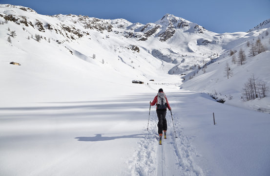 Woman ski touring, Villgraten Valley, Hohe Tauern, East Tyrol, Austria