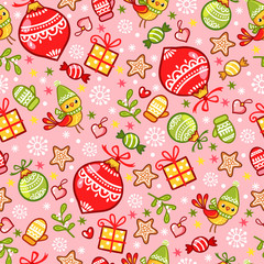 Vector illustration on a christmas theme.Seamless pattern with New Year ornaments on a pink background.