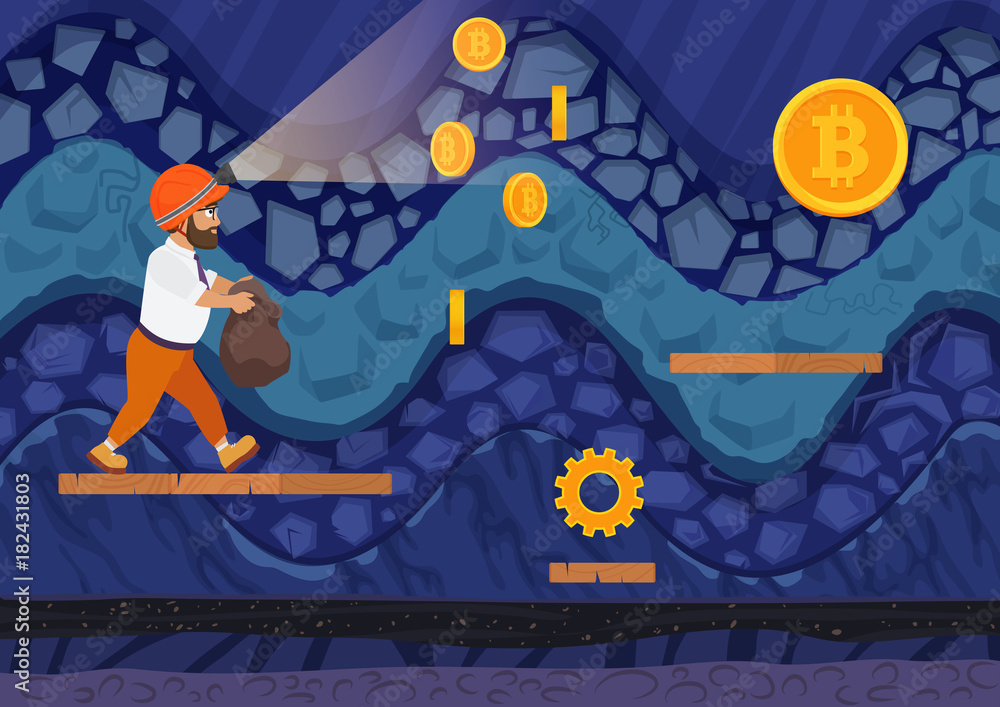 Poster side view of man walking with bag for bitcoins in mine. cartoon game style vector illustration.