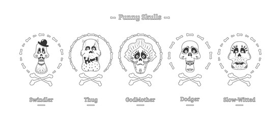 Day of the Dead. Set of skulls in black and white. Vector illustration