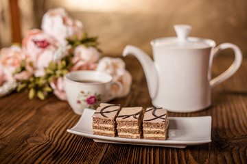 afternoon tea with sweet cake 