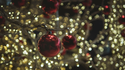 Closeup of red bauble hanging from a decorated Christmas tree.