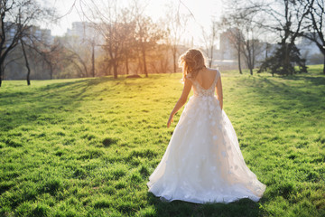 Beautiful bride on sunset in park, back view.