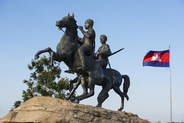 Phnom Penh, the capital of Cambodia. Horse soldiers statue of freedom in the city center