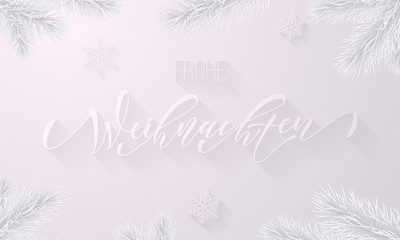 Frohe Weihnachten German Merry Christmas holiday snowflake decoration on white snow frost background. Vector frozen ice calligraphy font and icy fir branch for Christmas or New Year greeting card