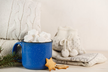 Christmas drink. Marshmallows in blue mug
