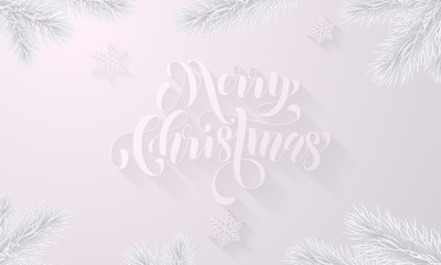 Merry Christmas icy frozen calligraphy font and icy snowflake white background for Xmas greeting card design. Vector Christmas or New Year winter holiday frosted fir tree decoration background